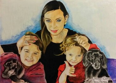 Картина под названием "La mamma e i suoi c…" - Oronzo Curvo, Подлинное произведение искусства, Цветные карандаши