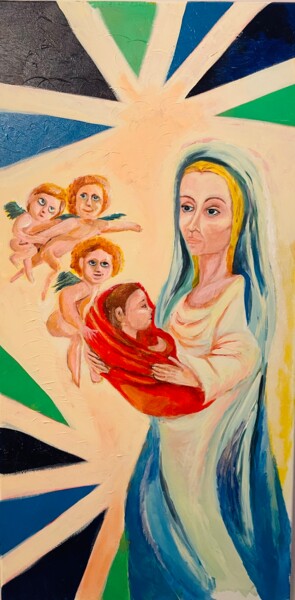 Malerei mit dem Titel "La madonna e gli an…" von Oronzo Vitale, Original-Kunstwerk, Acryl