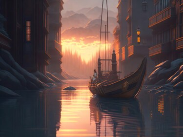 Digital Arts titled "Chinese boat" by Melih Ortatepe, Original Artwork, Digital Painting