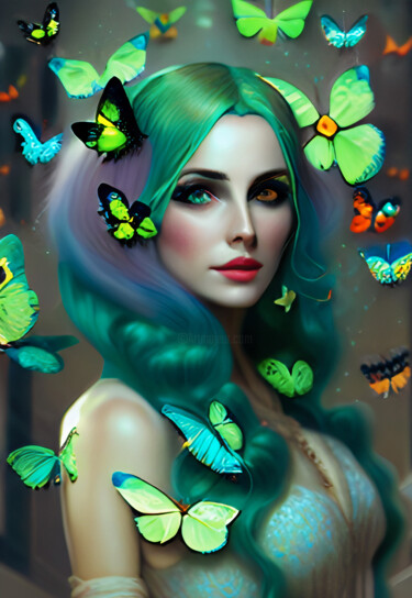 Digital Arts titled "girl & butterflies" by Melih Ortatepe, Original Artwork, Digital Painting