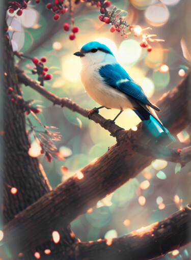 Digital Arts titled "bird on branch" by Melih Ortatepe, Original Artwork, Digital Painting