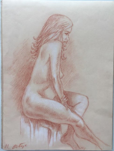 Dessin intitulée "pose nue" par Michel Ortega, Œuvre d'art originale, Craie