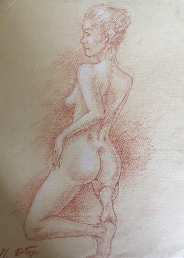 Dessin intitulée "Modèle nu de dos" par Michel Ortega, Œuvre d'art originale, Craie