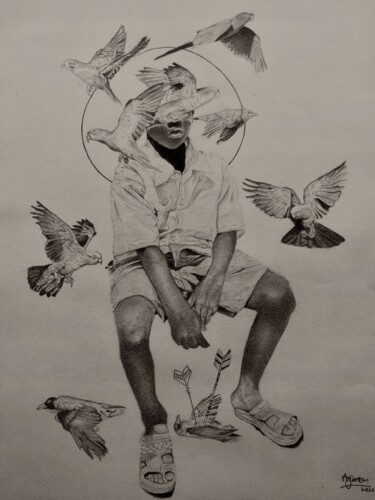 Dessin intitulée "Hunters; Angels and…" par Oryiman Agbaka (St Valentino de Augusto), Œuvre d'art originale, Encre