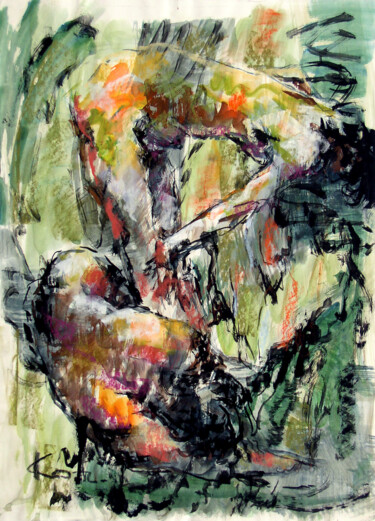 Schilderij getiteld "Nude" door Osam Fukuda, Origineel Kunstwerk, Aquarel