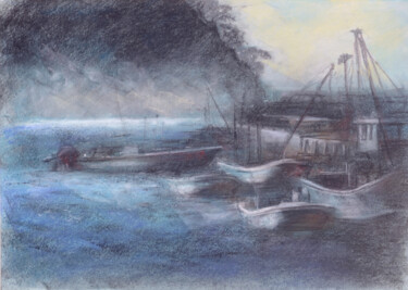 Painting titled "Fishing harbor" by Osam Fukuda, Original Artwork, Pastel