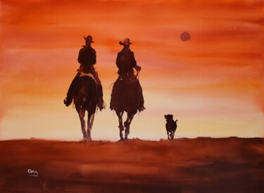 Painting titled "cowboys 2" by Oscar Alvarez, Original Artwork, Watercolor