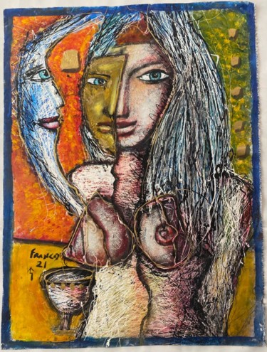 Malerei mit dem Titel "Tres Ojos" von Oscar Franco, Original-Kunstwerk, Öl