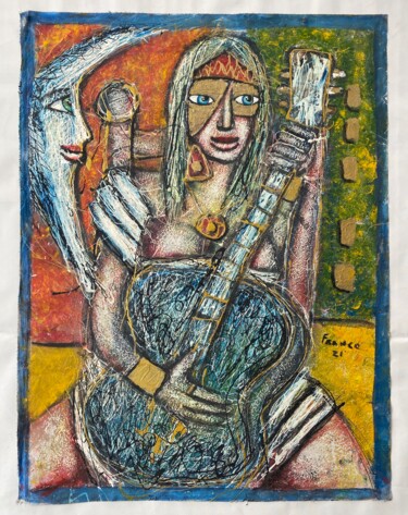 Schilderij getiteld "Masqueray Guitara" door Oscar Franco, Origineel Kunstwerk, Olie