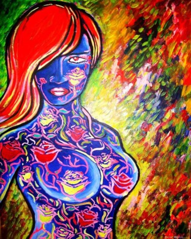 Painting titled "Modela Azul" by Oscar Galvan, Original Artwork, Acrylic