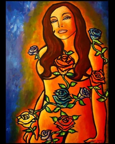 Pintura titulada "Mujer De Rosas" por Oscar Galvan, Obra de arte original, Oleo