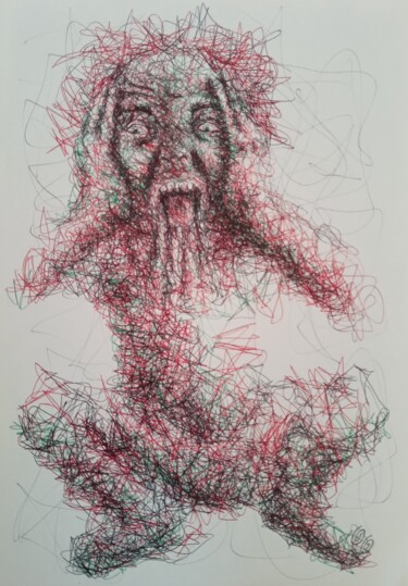 Drawing titled "Un autre cri" by Oscar Olarte, Original Artwork, Ballpoint pen Mounted on Cardboard