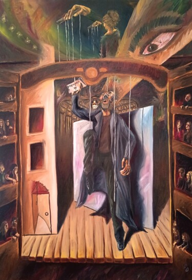 Painting titled "Le bouffon de l'Opé…" by Oscar Olarte, Original Artwork, Oil Mounted on Wood Stretcher frame