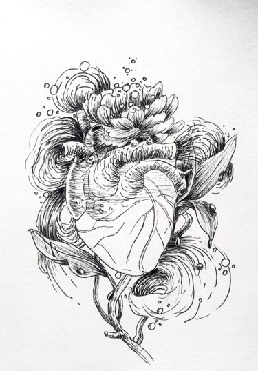 Рисунок под названием "Corazon vegetal" - Oscar Torres Perez, Подлинное произведение искусства, Гелевая ручка