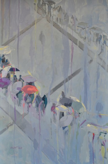 Peinture intitulée "Foule sous la pluie" par Oscar Torres Perez, Œuvre d'art originale, Huile