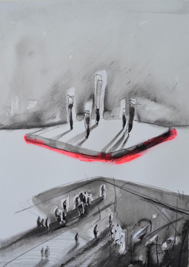 Картина под названием "La plateforme / la…" - Oscar Torres Perez, Подлинное произведение искусства, Чернила
