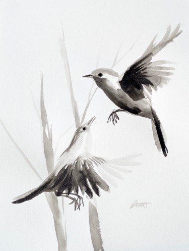 绘画 标题为“Oiseaux / Sumi-e #a…” 由Oscar Torres Perez, 原创艺术品, 墨