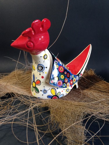 Sculpture intitulée "Coq rouge de la réu…" par Oshawane, Œuvre d'art originale, Céramique