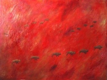 Painting titled "Jumping Buffalos" by Oshiro, Original Artwork