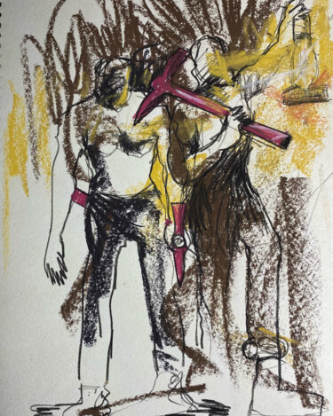 Drawing titled "Diggers" by Oshorenoya David Francis, Original Artwork, Pastel Mounted on Wood Panel