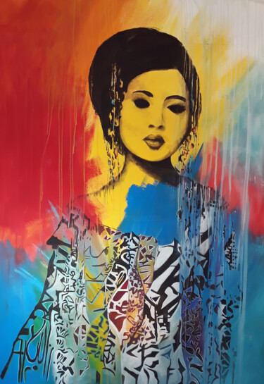 Painting titled "Geisha" by Osi, Original Artwork, Acrylic Mounted on Wood Stretcher frame