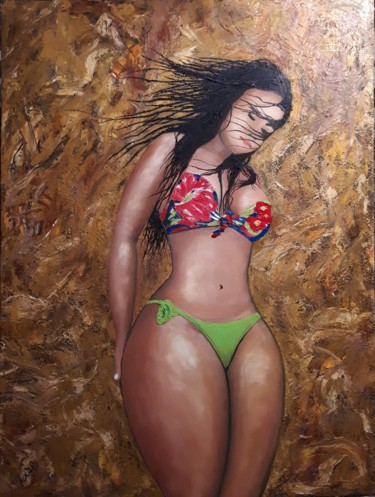 Картина под названием "Девушка с пляжа" - Askar Mirzaev, Подлинное произведение искусства, Масло