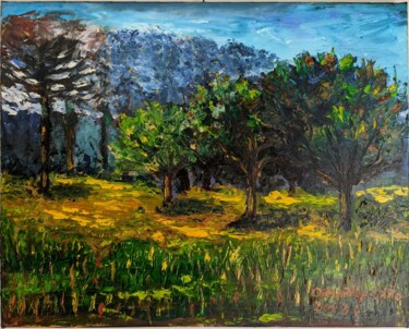 Картина под названием "Árvores com araucár…" - Osmar Ropelatto, Подлинное произведение искусства, Масло Установлен на Деревя…