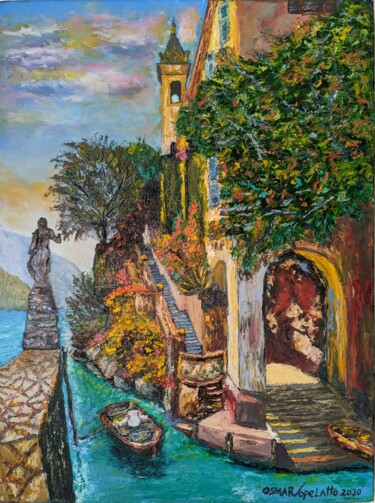 Painting titled "Lake Como" by Osmar Ropelatto, Original Artwork, Oil Mounted on Wood Stretcher frame
