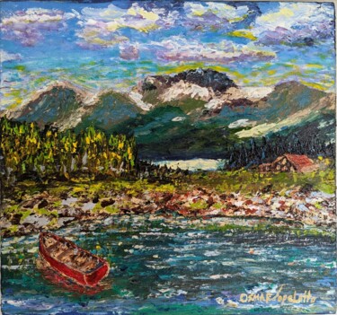 Painting titled "Lago nas montanhas" by Osmar Ropelatto, Original Artwork, Acrylic Mounted on Wood Stretcher frame