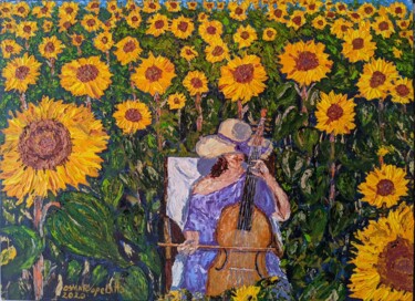 Painting titled "Cellist in sunflowe…" by Osmar Ropelatto, Original Artwork, Acrylic Mounted on Wood Stretcher frame