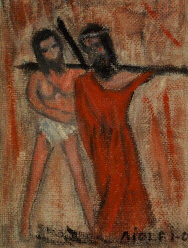 Pittura intitolato "5 - Il Cireneo" da Osvaldo Aiolfi, Opera d'arte originale, Olio