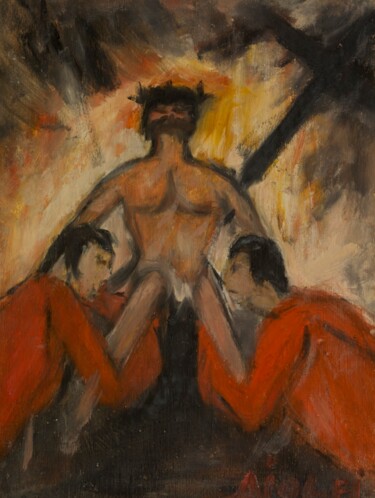 Malerei mit dem Titel "14 - Gesù deposto n…" von Osvaldo Aiolfi, Original-Kunstwerk, Öl