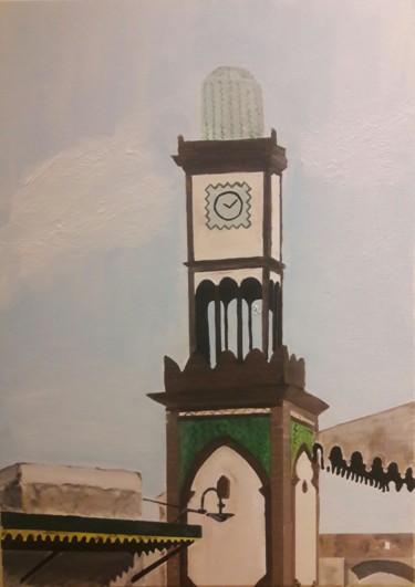 Painting titled "HORLOGE DE CASABLAN…" by Otmane El Alaoui, Original Artwork, Acrylic