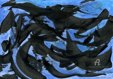 Malerei mit dem Titel "Delphinschule" von Otto Frühwach, Original-Kunstwerk, Acryl