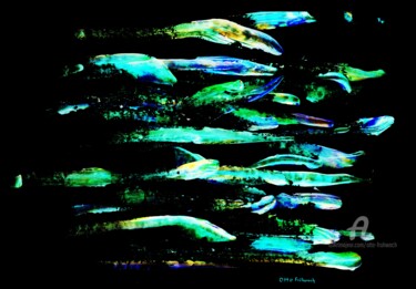 Painting titled "Fish Race by Night…" by Otto Frühwach, Original Artwork, Digital Print Mounted on Wood Stretcher frame