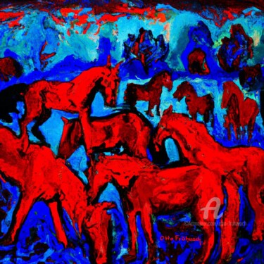 Digital Arts titled "Rote Pferde - Red H…" by Otto Frühwach, Original Artwork, Digital Painting Mounted on Wood Stretcher fr…
