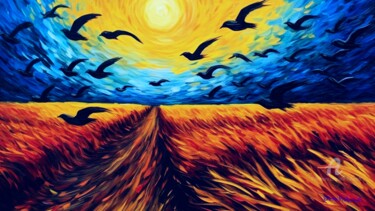 Malarstwo zatytułowany „Birds of Van Gogh…” autorstwa Otto Frühwach, Oryginalna praca, Cyfrowy wydruk Zamontowany na Drewnia…