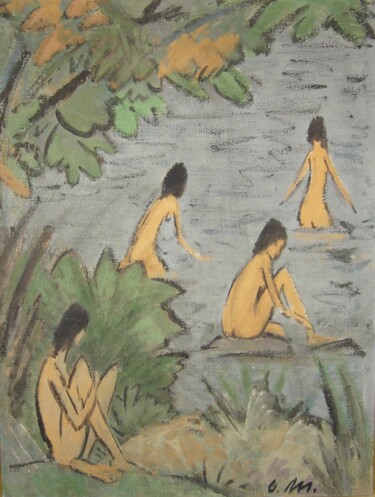 Pintura intitulada "Paysage avec baigne…" por Otto Mueller, Obras de arte originais, Óleo
