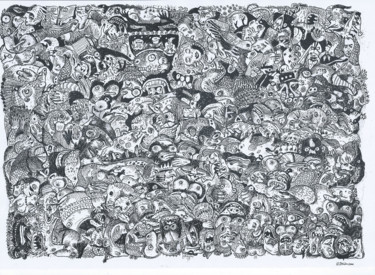 Dessin intitulée "Dans la foule !" par Jmdamien, Œuvre d'art originale, Encre