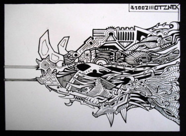 Dibujo titulada "LEZARD A CORNES" por Otzkeltal, Obra de arte original, Tinta