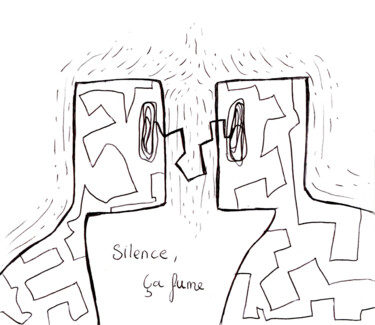 Drawing titled "Silence, ça fume..." by Mademoiselle H2o, Original Artwork, Ballpoint pen