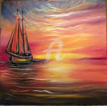 Painting titled "Seascape. Yacht at…" by Khelga Linn, Original Artwork, Oil