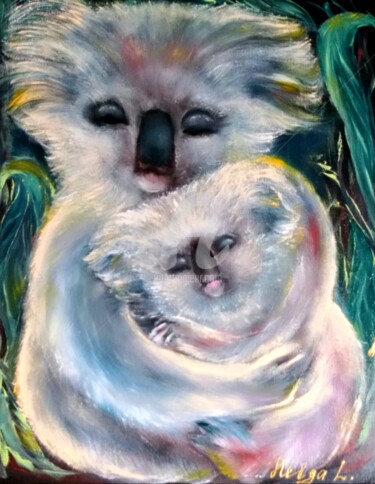 Painting titled "Motherhood. Koala b…" by Khelga Linn, Original Artwork, Oil Mounted on Wood Stretcher frame