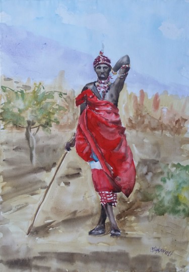 Malerei mit dem Titel "African Man Leader…" von Olivkan Art, Original-Kunstwerk, Aquarell