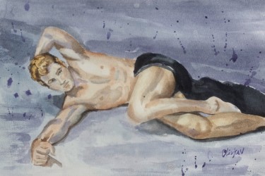 Pintura intitulada "Nude Male Originale…" por Olivkan Art, Obras de arte originais, Aquarela