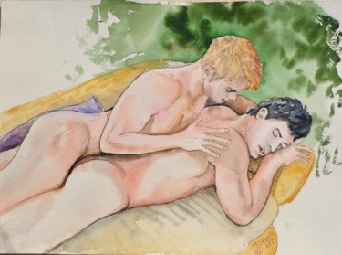 Painting titled "Nude Male Originale…" by Olivkan Art, Original Artwork, Watercolor