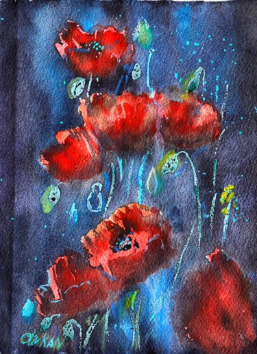 Pittura intitolato "Poppy Red Original…" da Olivkan Art, Opera d'arte originale, Acquarello