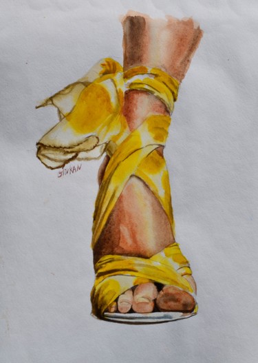 Painting titled "Foot Yellow 16" Ori…" by Olivkan Art, Original Artwork, Watercolor