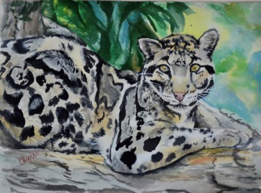 Painting titled "Rare cat Сlouded Le…" by Olivkan Art, Original Artwork, Watercolor