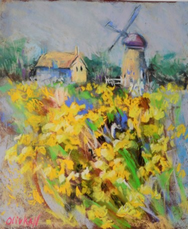 Painting titled "Windmill Field Yell…" by Olivkan Art, Original Artwork, Pastel